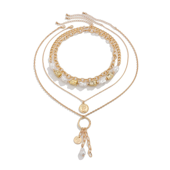 Wholesale Jewelry Retro Baroque Style Imitation Pearl Stacked Metal Geometric Pendant Necklace For Women