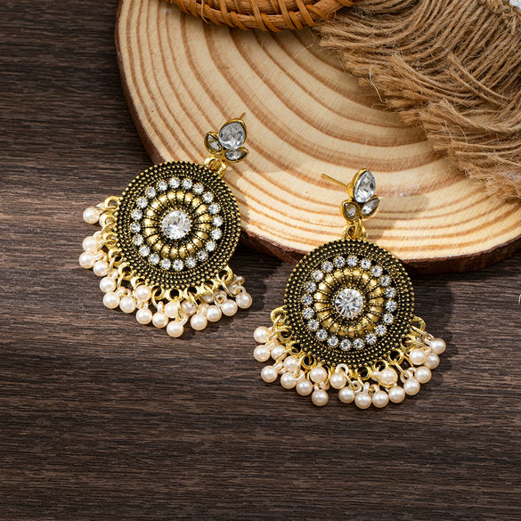 Wholesale Jewelry Retro Bell Tassel Alloy Earrings With Geometric Pattern Electroplated For Women