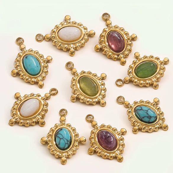 Wholesale Jewelry Retro Bohemian Style Oval Stainless Steel Inlay Earrings Necklace Pendant
