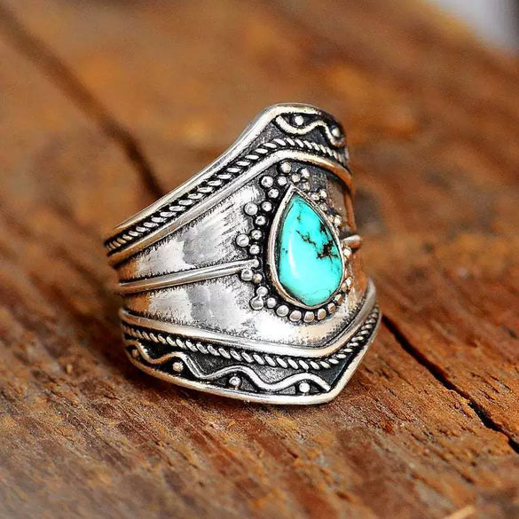 Wholesale Jewelry Retro Bohemian Style Turquoise Alloy Irregular Dropshaped Geometric Ring