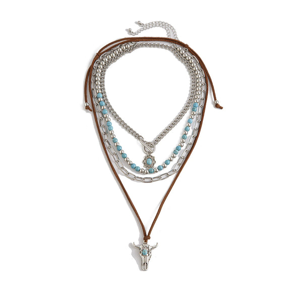 Wholesale Jewelry Retro Casual Style Geometric Turquoise Iron Alloy Chain Multilayer Bohemian Necklace With Electroplating