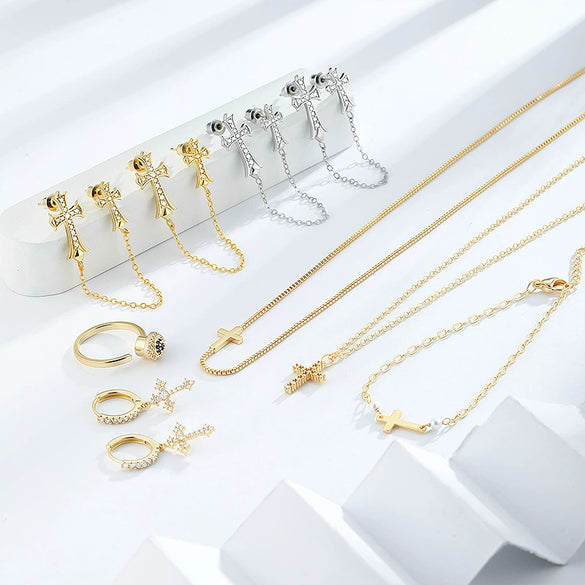 Wholesale Jewelry Retro Copper 14K Gold Plated Cross Earrings For Women