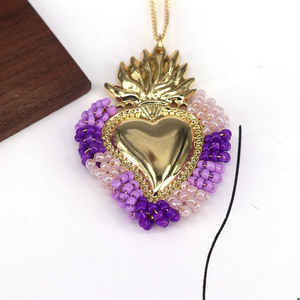 Wholesale Jewelry Retro Creative Style Heart Shape Copper Rice Beads Goldplated Pendant Necklace