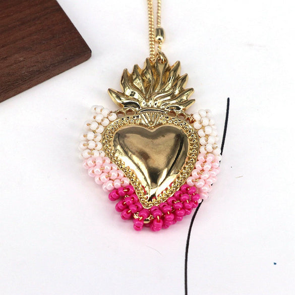 Wholesale Jewelry Retro Creative Style Heart Shape Copper Rice Beads Goldplated Pendant Necklace