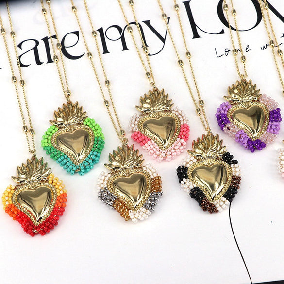 Wholesale Jewelry Retro Creative Style Heart Shape Copper Rice Beads Goldplated Pendant Necklace