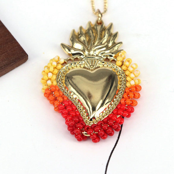 Wholesale Jewelry Retro Creative Style Heart Shape Copper Rice Beads Goldplated Pendant Necklace