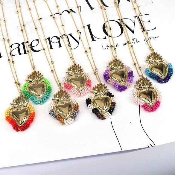 Wholesale Jewelry Retro Creative Style Heart Shape Copper Rice Beads Goldplated Pendant Necklace