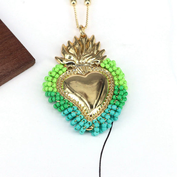 Wholesale Jewelry Retro Creative Style Heart Shape Copper Rice Beads Goldplated Pendant Necklace