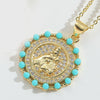 Wholesale Jewelry Retro Discshaped Geometric Copper Mixed Gemstone Setting Inlaid Pearl Electroplating Pendant Clavicle Chain Necklace For Women