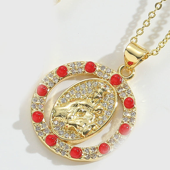 Wholesale Jewelry Retro Discshaped Geometric Copper Mixed Gemstone Setting Inlaid Pearl Electroplating Pendant Clavicle Chain Necklace For Women