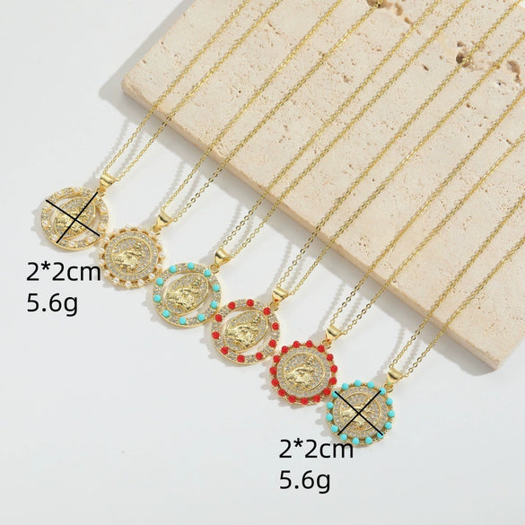 Wholesale Jewelry Retro Discshaped Geometric Copper Mixed Gemstone Setting Inlaid Pearl Electroplating Pendant Clavicle Chain Necklace For Women