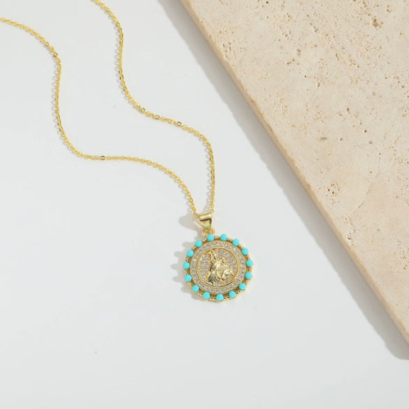 Wholesale Jewelry Retro Discshaped Geometric Copper Mixed Gemstone Setting Inlaid Pearl Electroplating Pendant Clavicle Chain Necklace For Women