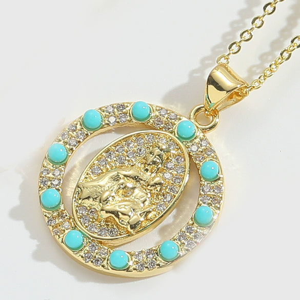 Wholesale Jewelry Retro Discshaped Geometric Copper Mixed Gemstone Setting Inlaid Pearl Electroplating Pendant Clavicle Chain Necklace For Women