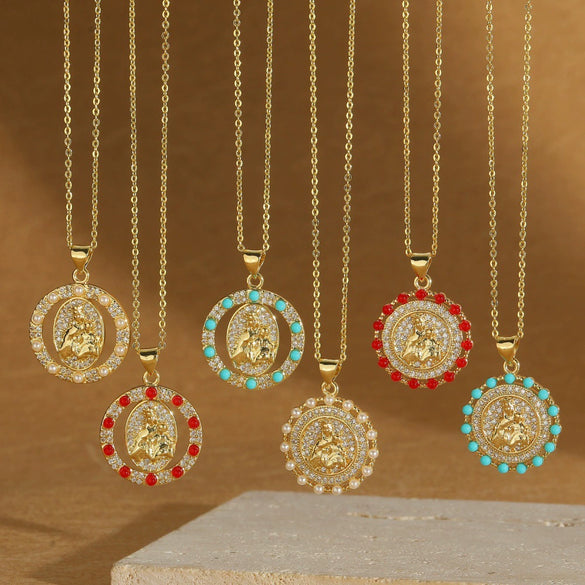 Wholesale Jewelry Retro Discshaped Geometric Copper Mixed Gemstone Setting Inlaid Pearl Electroplating Pendant Clavicle Chain Necklace For Women