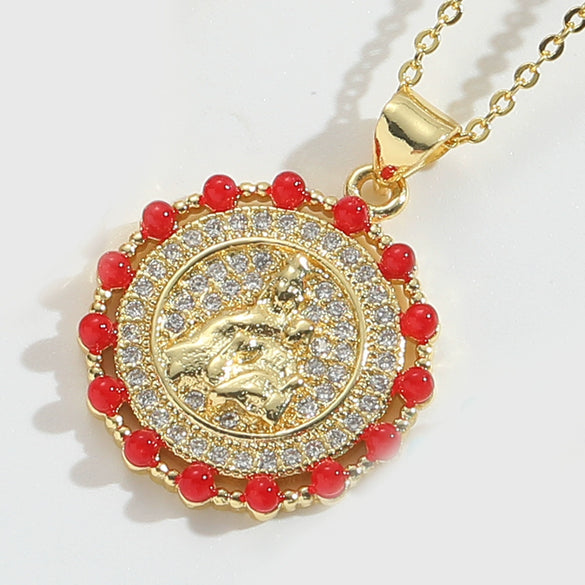 Wholesale Jewelry Retro Discshaped Geometric Copper Mixed Gemstone Setting Inlaid Pearl Electroplating Pendant Clavicle Chain Necklace For Women