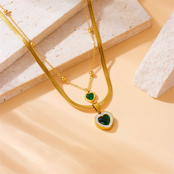 Wholesale Jewelry Retro Elegant Goldplated Stainless Steel Multilayer Chain Fanshaped Geometric Love Pendant Necklace