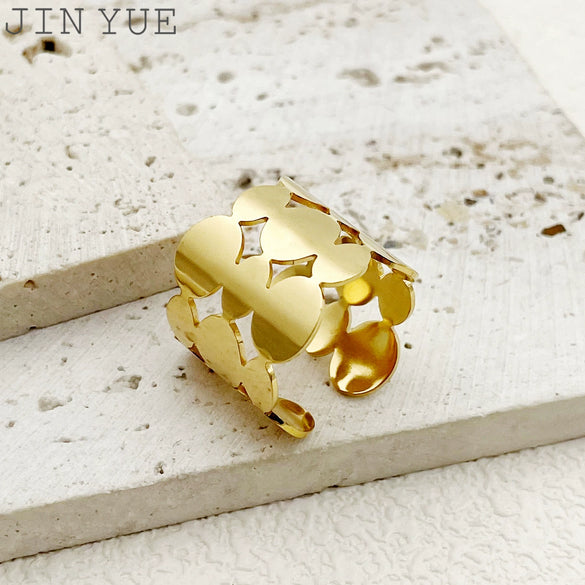 Wholesale Jewelry Retro Elegant Hollow Geometric Round Goldplated Stainless Steel Ring