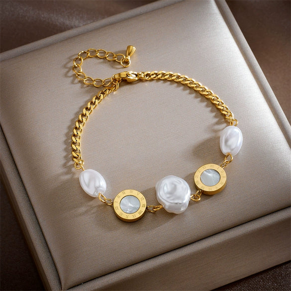 Wholesale Jewelry Retro Elegant Irregular Geometric Pearl Round Titanium Steel Electroplated Bracelet For Women
