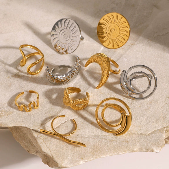Wholesale Jewelry Retro Exaggerated Stainless Steel Round Geometric Sunflower Open Ring For Women With Electroplating