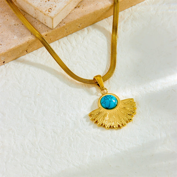 Wholesale Jewelry Retro Fashion Geometric Inlay Blue Turquoise Fan Pendant Gold Plated Stainless Steel Snake Bone Chain Necklace