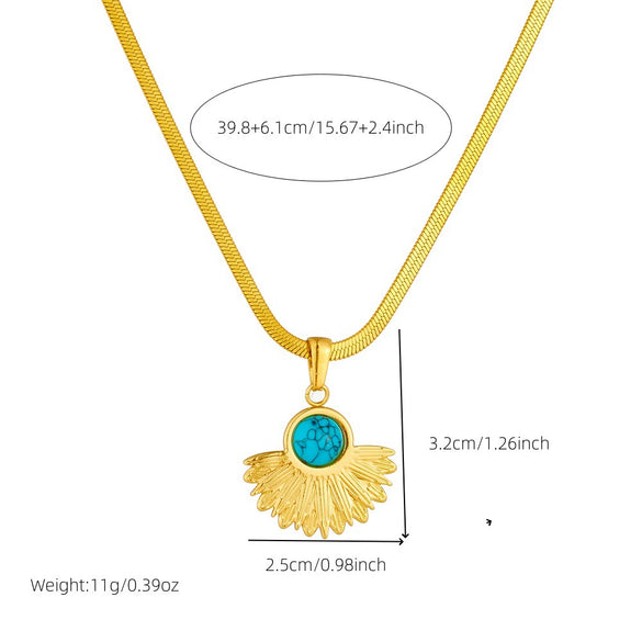 Wholesale Jewelry Retro Fashion Geometric Inlay Blue Turquoise Fan Pendant Gold Plated Stainless Steel Snake Bone Chain Necklace