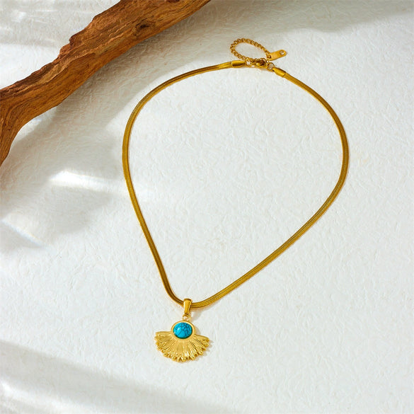 Wholesale Jewelry Retro Fashion Geometric Inlay Blue Turquoise Fan Pendant Gold Plated Stainless Steel Snake Bone Chain Necklace
