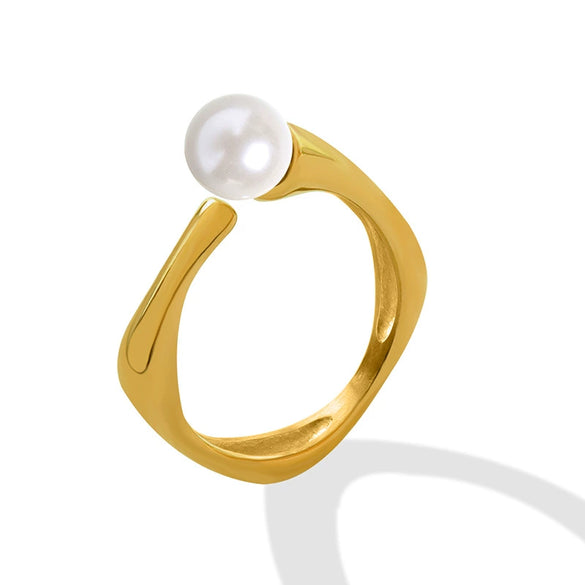 Wholesale Jewelry Retro Fashion Imitation Pearl Opening Ring Titanium Steel Gold Plated Geometric Women's Ring