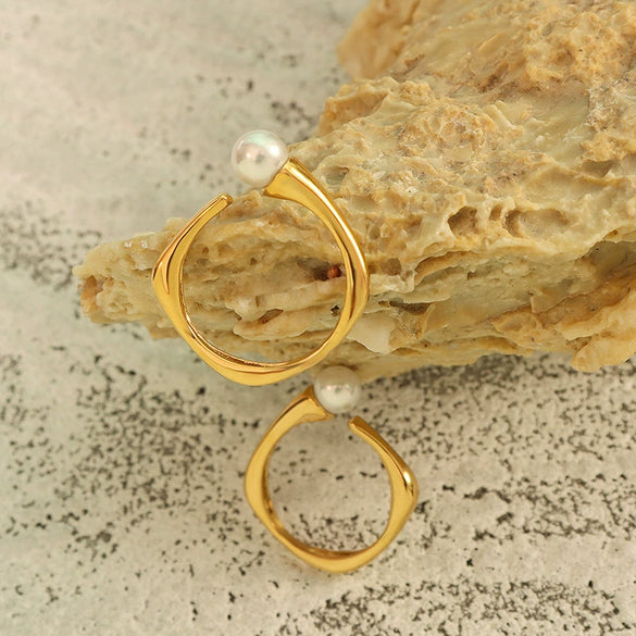 Wholesale Jewelry Retro Fashion Imitation Pearl Opening Ring 316L Stainless Steel Gold Plated Geometric Women's