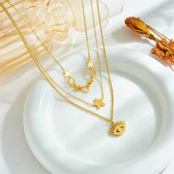 Wholesale Jewelry Retro Fashion Multilayered Goldplated Stainless Steel Heart Eyes Star Pendant Necklace