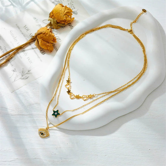 Wholesale Jewelry Retro Fashion Multilayered Goldplated Stainless Steel Heart Eyes Star Pendant Necklace