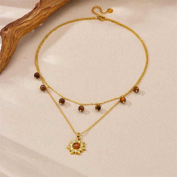 Wholesale Jewelry Retro Fashion Tiger Eye Stone Pendant Goldplated Stainless Steel Necklace With Diamond Inlay
