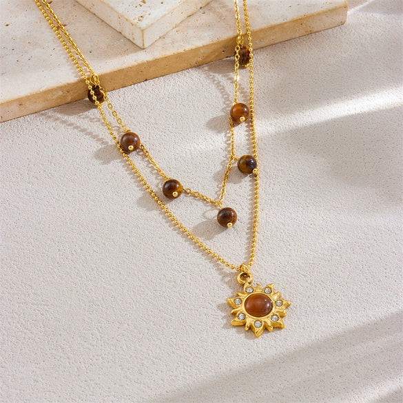 Wholesale Jewelry Retro Fashion Tiger Eye Stone Pendant Goldplated Stainless Steel Necklace With Diamond Inlay