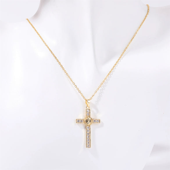 Wholesale Jewelry Retro Geometric Copper Mixed Gem Inlay Cross Pendant Ochain Necklace