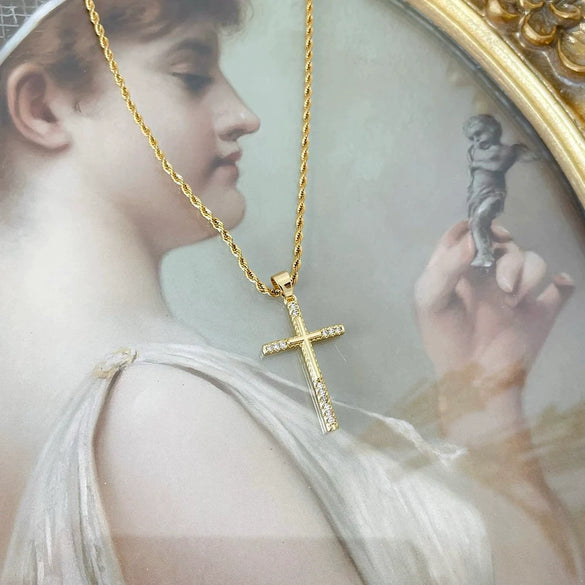 Wholesale Jewelry Retro Geometric Copper Mixed Gem Inlay Cross Pendant Ochain Necklace