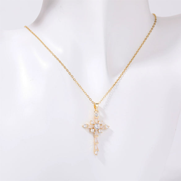 Wholesale Jewelry Retro Geometric Copper Mixed Gem Inlay Cross Pendant Ochain Necklace
