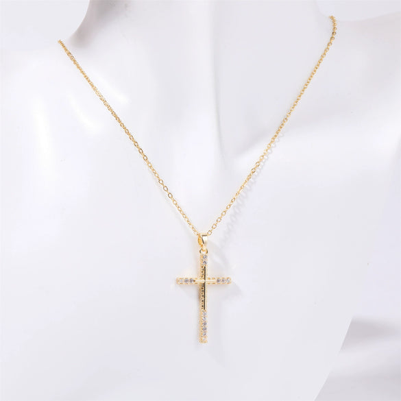 Wholesale Jewelry Retro Geometric Copper Mixed Gem Inlay Cross Pendant Ochain Necklace