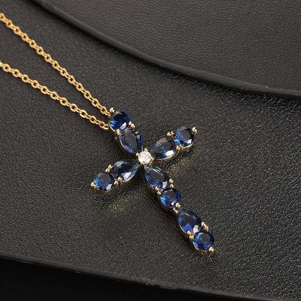 Wholesale Jewelry Retro Geometric Copper Zircon Water Drop Cross Ochain Pendant Necklace