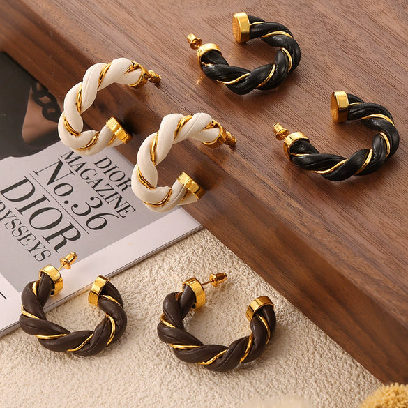 Wholesale Jewelry Retro Geometric Leather Surround Twist Copper Cshaped Earrings Electroplated