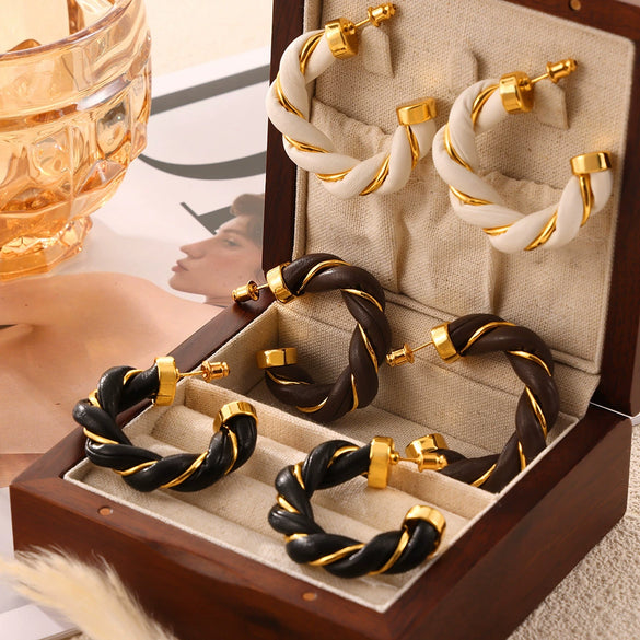 Wholesale Jewelry Retro Geometric Leather Surround Twist Copper Cshaped Earrings Electroplated