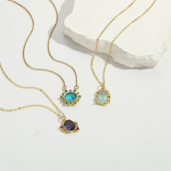 Wholesale Jewelry Retro Geometric Oval Pendant Copper Necklace With Mixed Gemstone Setting And Electroplating
