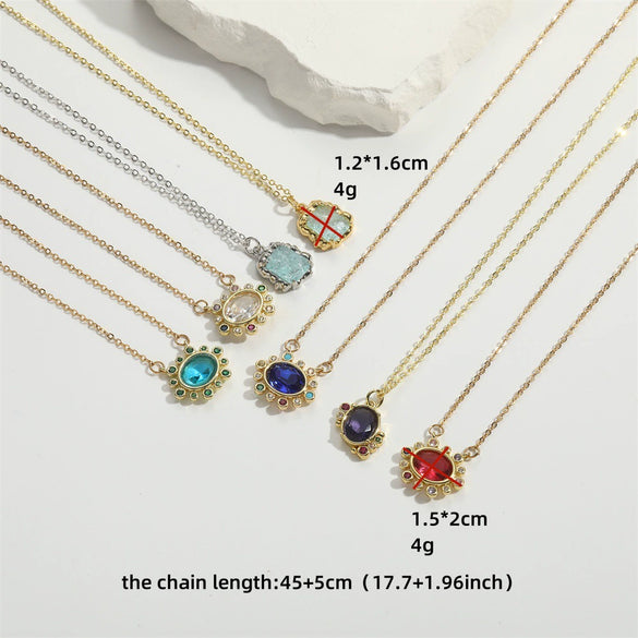 Wholesale Jewelry Retro Geometric Oval Pendant Copper Necklace With Mixed Gemstone Setting And Electroplating