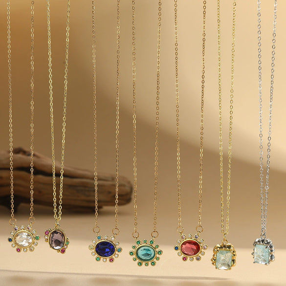 Wholesale Jewelry Retro Geometric Oval Pendant Copper Necklace With Mixed Gemstone Setting And Electroplating