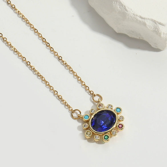 Wholesale Jewelry Retro Geometric Oval Pendant Copper Necklace With Mixed Gemstone Setting And Electroplating