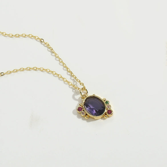 Wholesale Jewelry Retro Geometric Oval Pendant Copper Necklace With Mixed Gemstone Setting And Electroplating