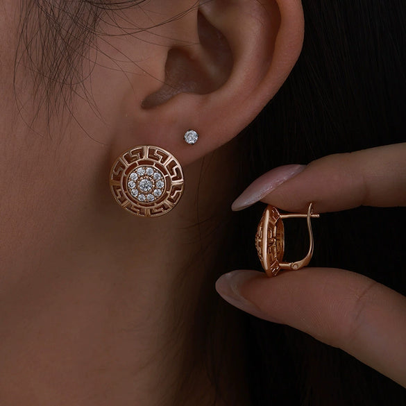 Wholesale Jewelry Retro Geometric Pattern Diamondinlaid Alloy Goldplated Earrings For Women