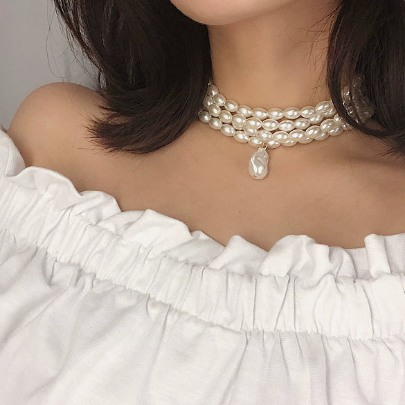 Wholesale Jewelry Retro Geometric Pearl Beaded Multilayer Pendant Necklace For Women
