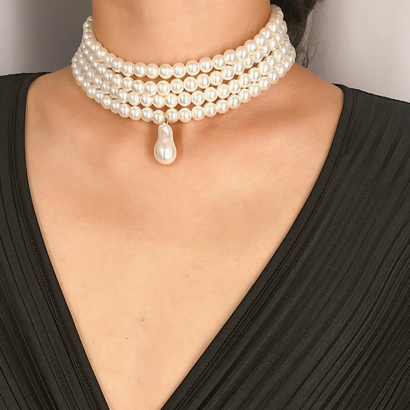Wholesale Jewelry Retro Geometric Pearl Beaded Multilayer Pendant Necklace For Women