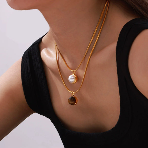 Wholesale Jewelry Retro Geometric Snake Bone Chain 316L Stainless Steel Necklace With Inlay Beads Tiger Eye Stone Pendant And Electroplating Design
