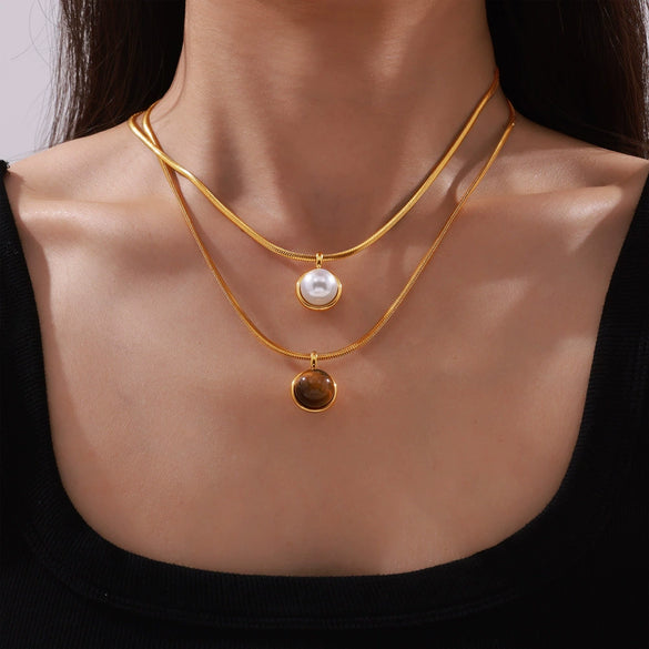Wholesale Jewelry Retro Geometric Snake Bone Chain 316L Stainless Steel Necklace With Inlay Beads Tiger Eye Stone Pendant And Electroplating Design