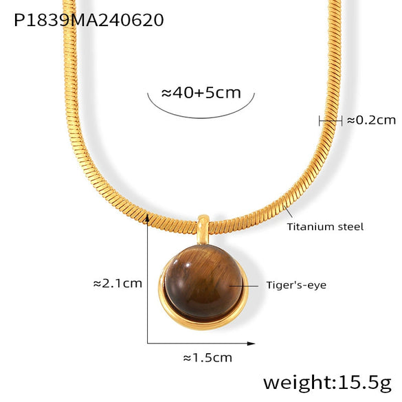 Wholesale Jewelry Retro Geometric Snake Bone Chain 316L Stainless Steel Necklace With Inlay Beads Tiger Eye Stone Pendant And Electroplating Design